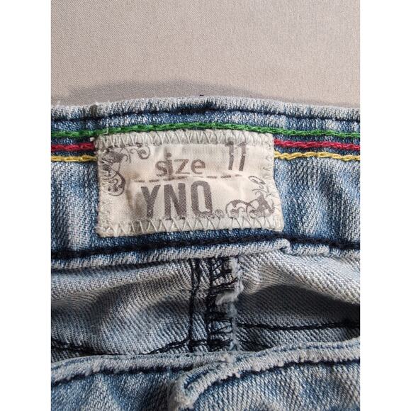 Y2K YNQ Distressed Denim Bermuda Shorts Womens Sz 11 Cutoff Raw Hem Ripped - Picture 2 of 13